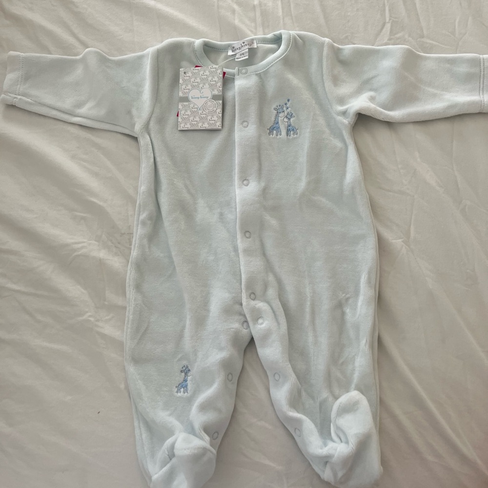 Kissy Kissy Pale Blue Plush Footed One-Piece with Giraffe Embroidery